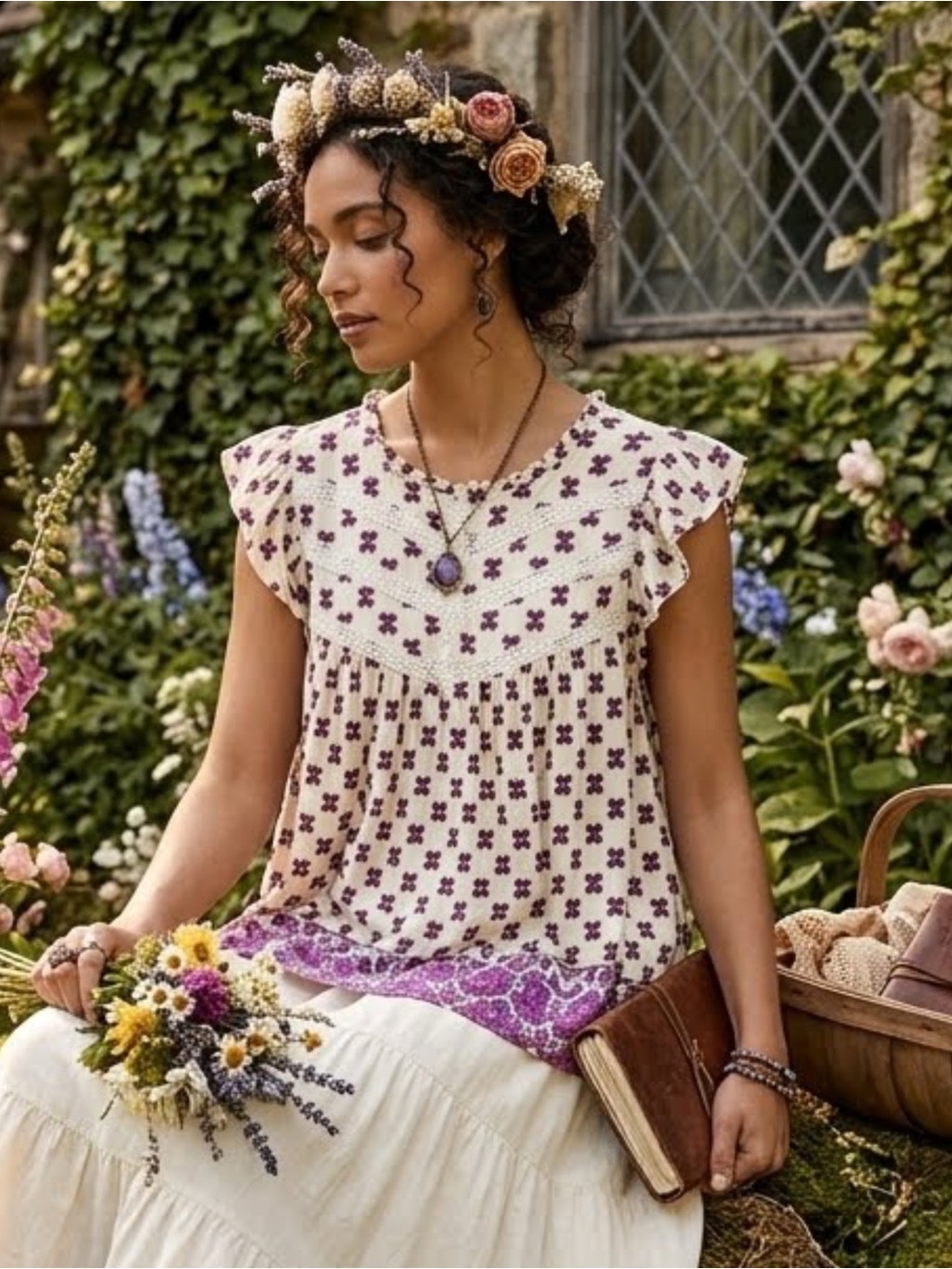 Rose & Olive Cream Purple Geometric Flutter Sleeve Babydoll Blouse Size M